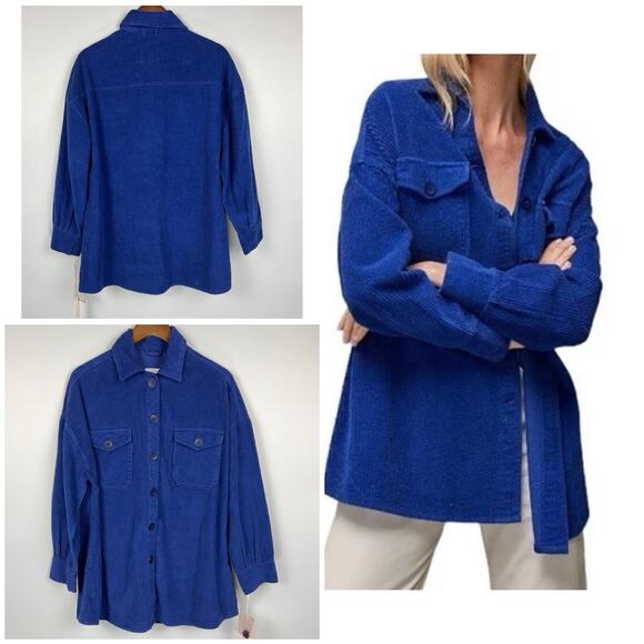 Avec Les Filles Anthropologie M Oversized Corduroy Shacket Royal Blue Button Up - Picture 3 of 12